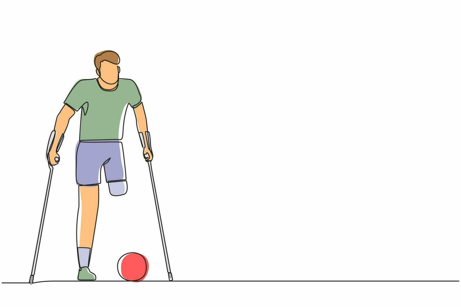 Single continuous line drawing disabled man with crutches playing football in stadium. Disability soccer athlete. Amputated sportsman playing on sport competition. One line draw graphic design vector