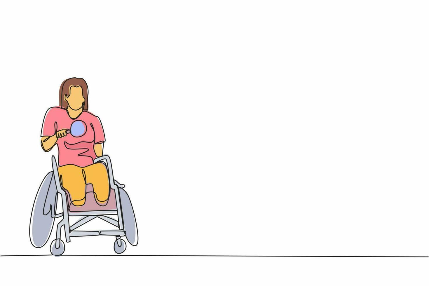 Single continuous line drawing disabled sportswoman in wheelchair playing table tennis. Disability games championship. Hobbies and interests of people with disabilities. One line graphic design vector