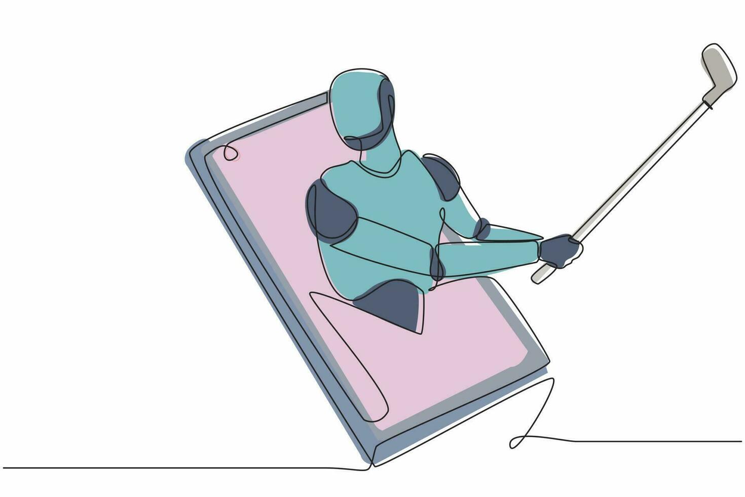 un solo robot de dibujo de una línea sale del teléfono celular y golpea una pelota de golf con un palo de golf. desarrollo tecnológico futuro. inteligencia artificial, aprendizaje automático. vector de diseño de línea continua