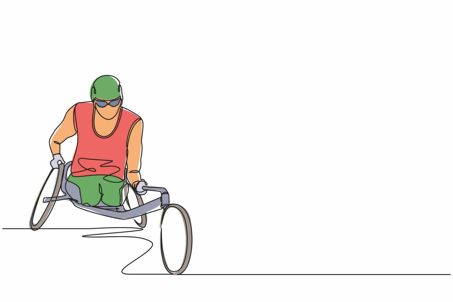 Single continuous line drawing racing on the sports wheelchair. Disability sportsman in games tournament. Hobbies and interests of people with disabilities. One line graphic design vector illustration
