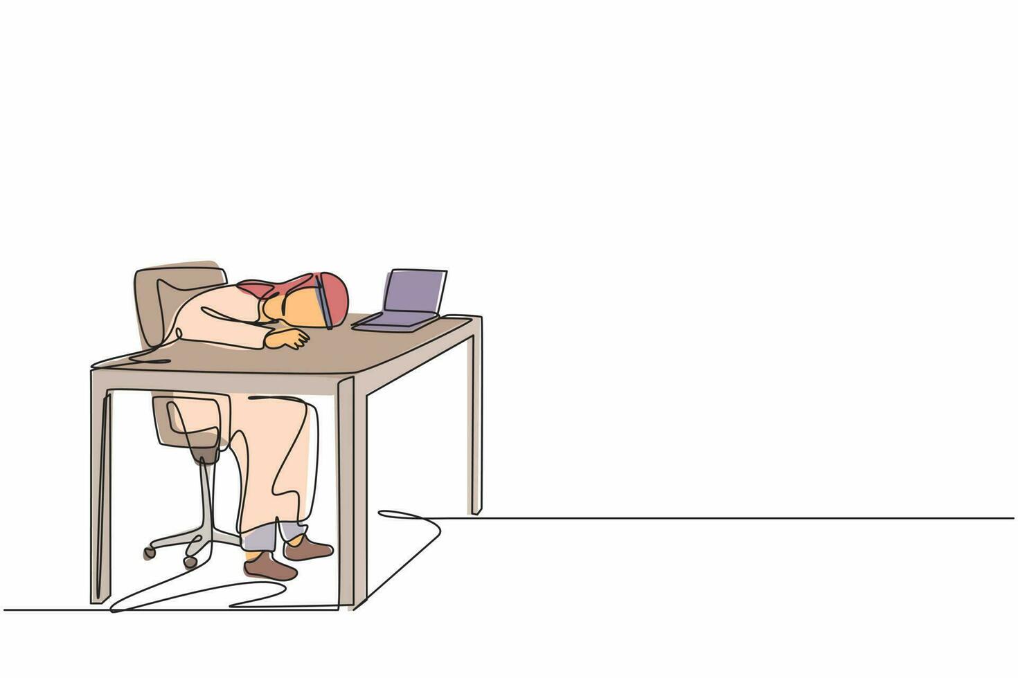 dibujo de una sola línea agotado enfermo cansado gerente árabe en la oficina triste aburrido sentado con la cabeza hacia abajo en la computadora portátil. problemas de salud mental de los trabajadores frustrados. vector gráfico de diseño de línea continua