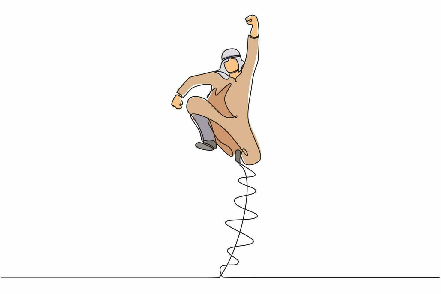 Single one line drawing happy Arab businessman jump with folds one leg and raises one hand. Male manager celebrating success of increasing company product sales. Continuous line design graphic vector