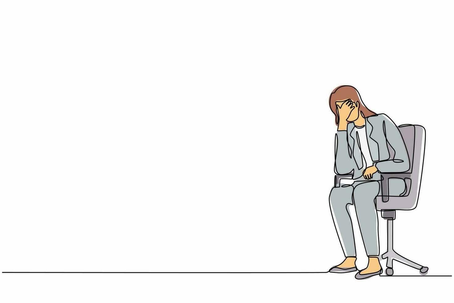 Single one line drawing sad depressed businesswoman sitting on chair thinking about finding money for paying bills during crisis. Financial problems and bankruptcy. Continuous line draw design vector