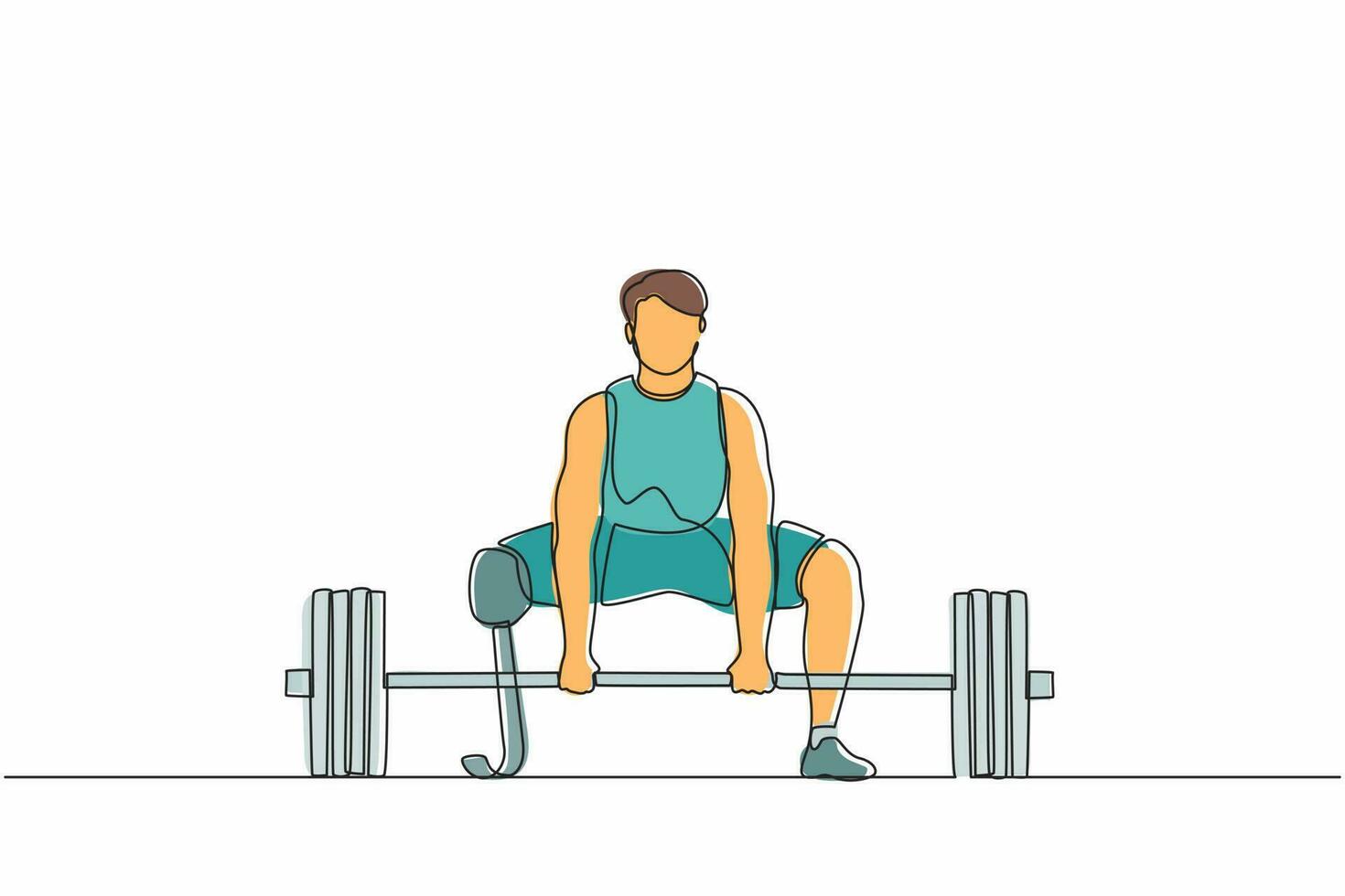 Single continuous line drawing disabled male athlete exercising lifting weights. Disabled young man training in the gym with barbell. Disability sportsman concept. One line draw graphic design vector