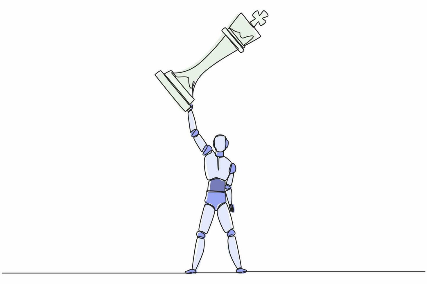Continuous one line drawing robot standing and lifting up king chess piece. Humanoid robot cybernetic organism. Future robotics development concept. Single line draw design vector graphic illustration