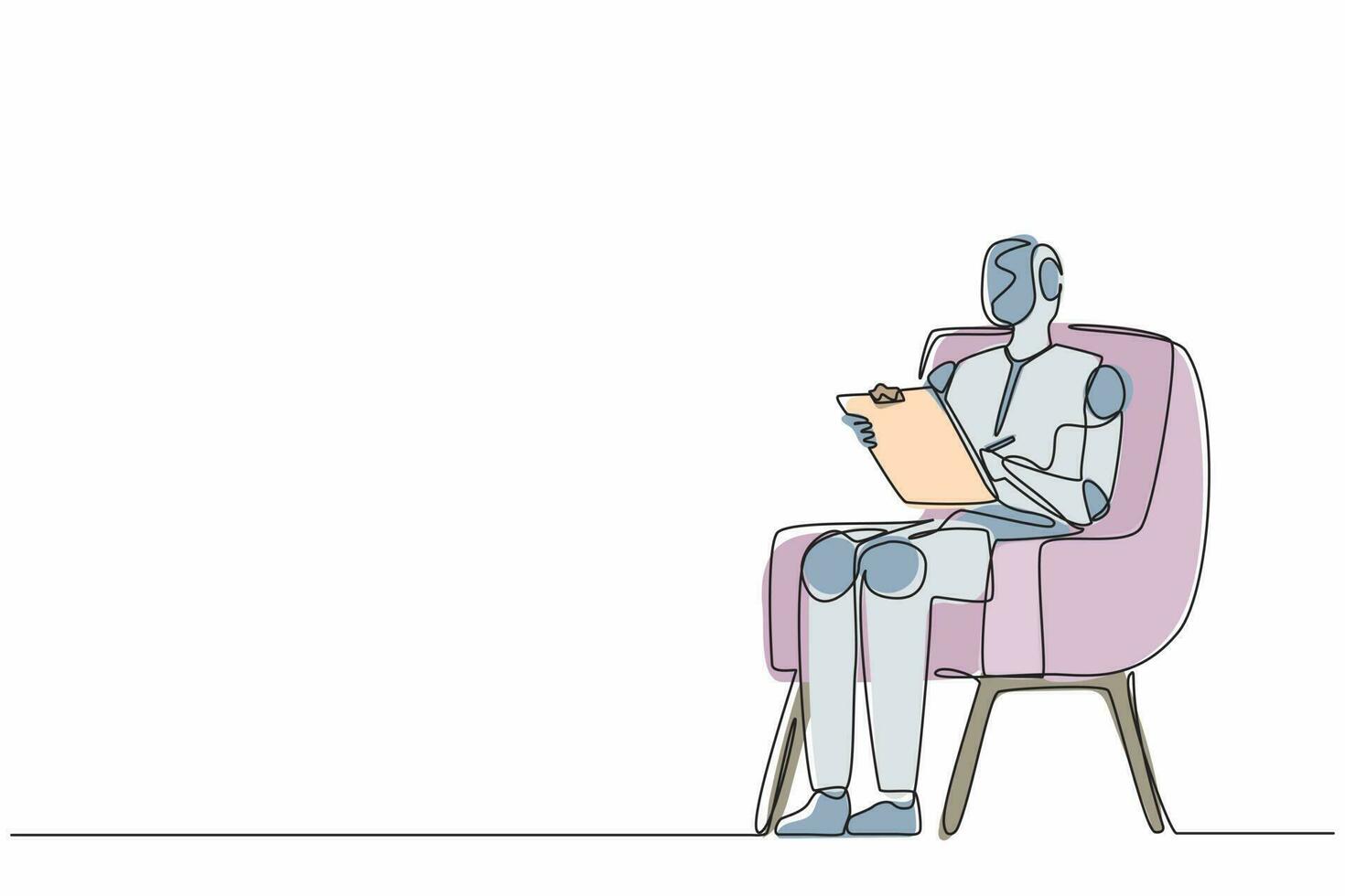 robots de dibujo de una sola línea continua sentados en una silla y escribiendo en el portapapeles. robótica moderna tecnología de inteligencia artificial. industria de la tecnología electrónica. vector de diseño gráfico de dibujo de una línea