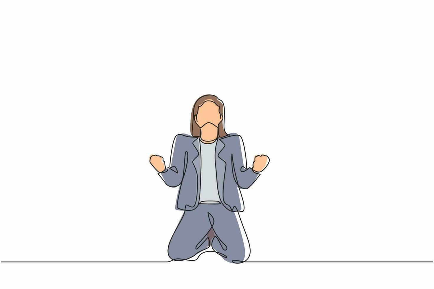 Single continuous line drawing happy businesswoman kneeling with both hands do gesture yes. Female manager celebrating success of increasing company product sales. One line draw graphic design vector