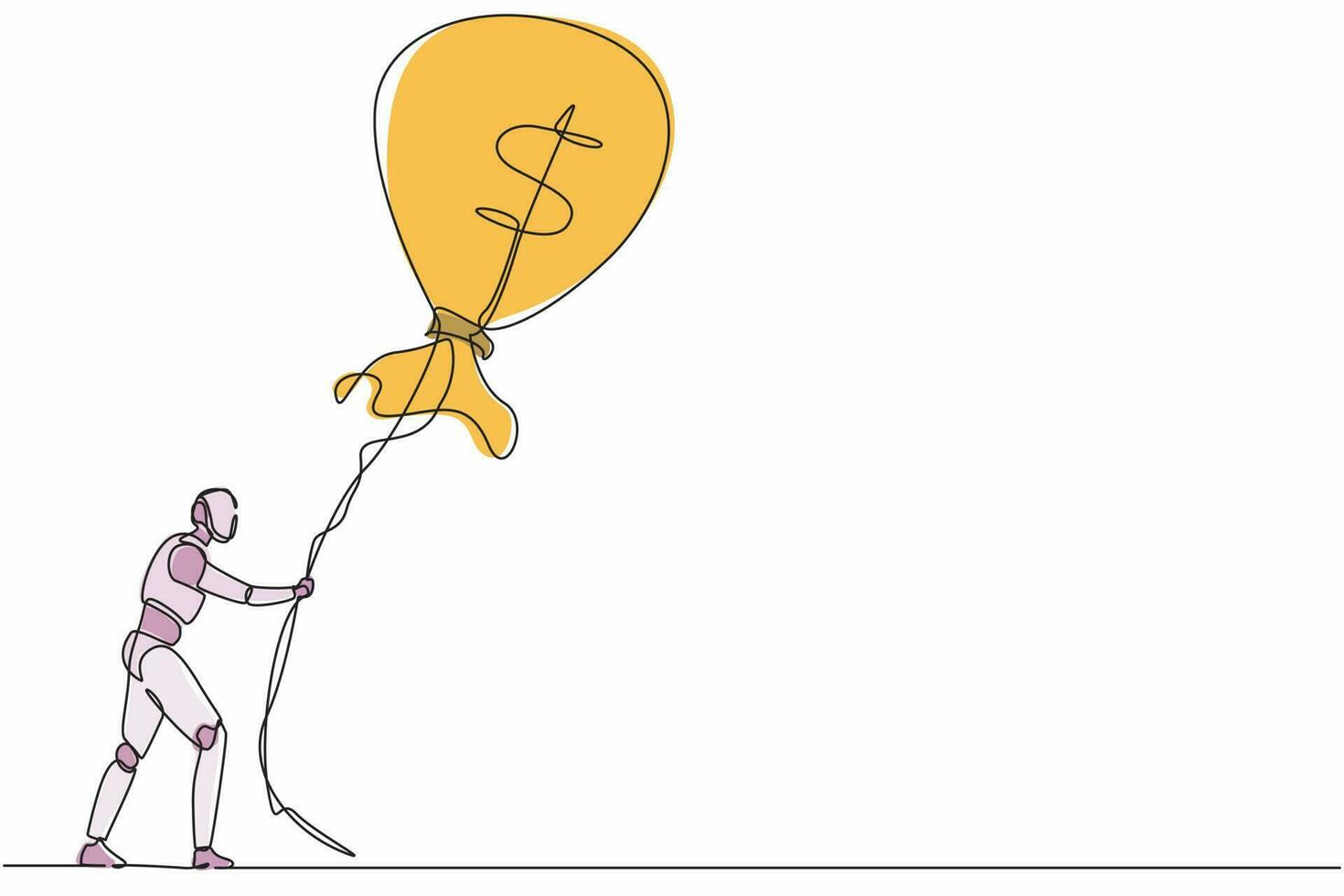 Continuous one line drawing robots holding flying money bag dollar balloon with rope. Humanoid robot cybernetic organism. Future robotics concept. Single line draw design vector graphic illustration