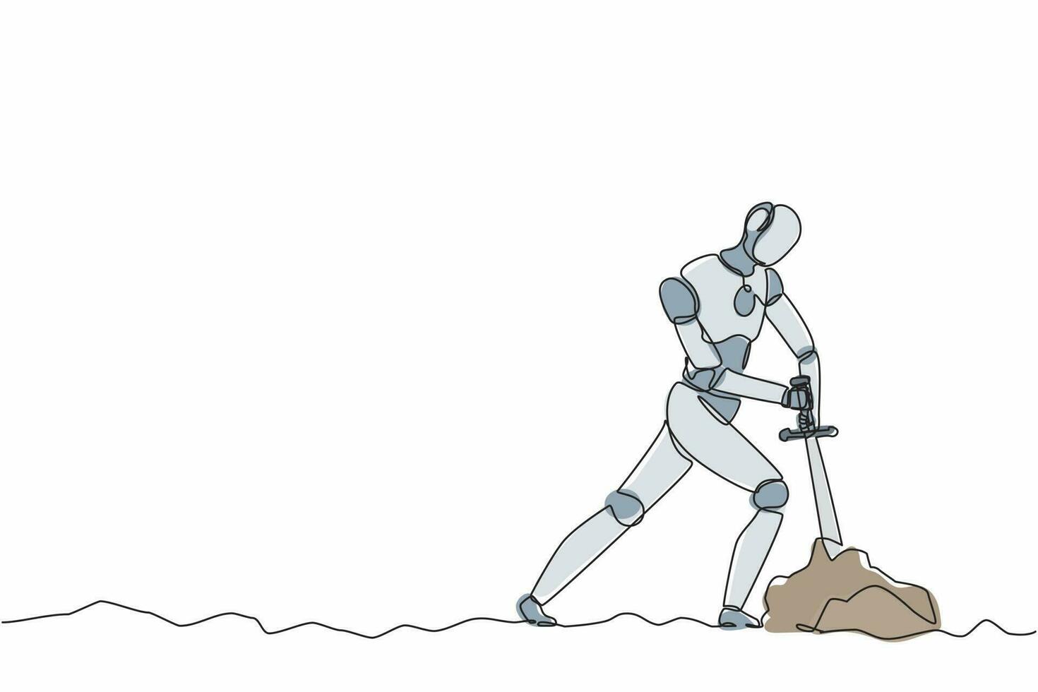 Single one line drawing robot tries to draw stuck excalibur sword from stone. Future technology. Artificial intelligence machine learning process. Continuous line design graphic vector illustration