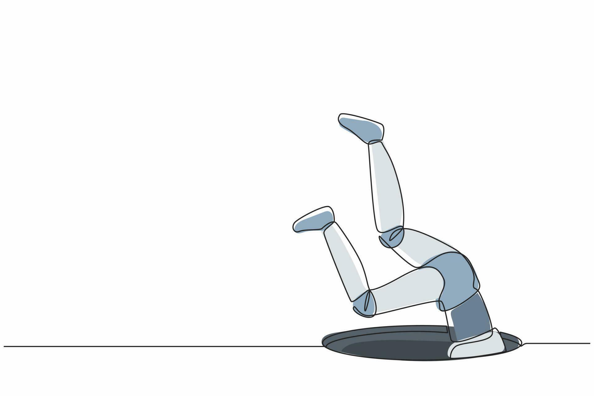 Single one line drawing robot falling into pit hole. Protruding legs
