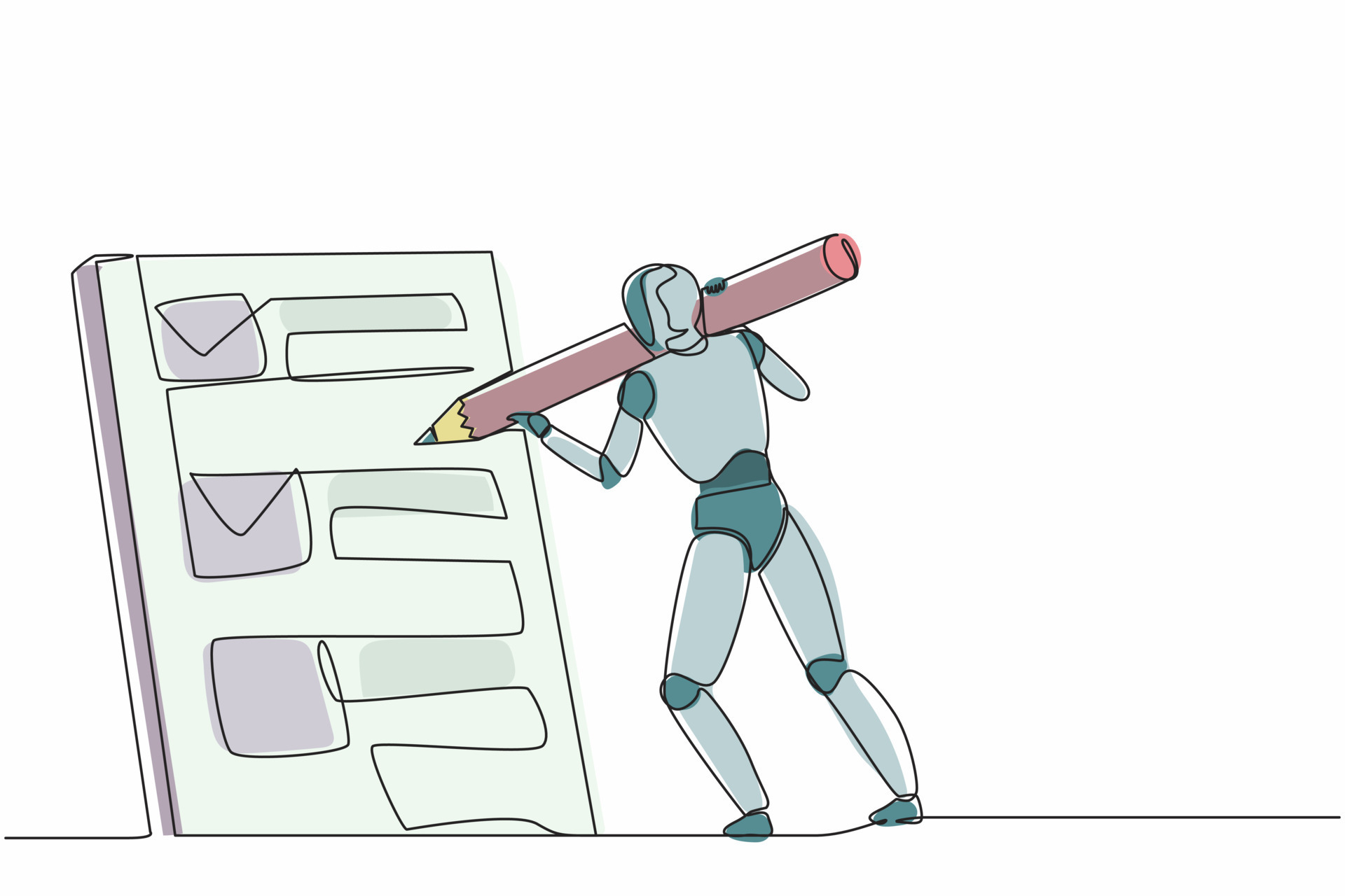 Continuous one line drawing robots standing and mark checklist with big