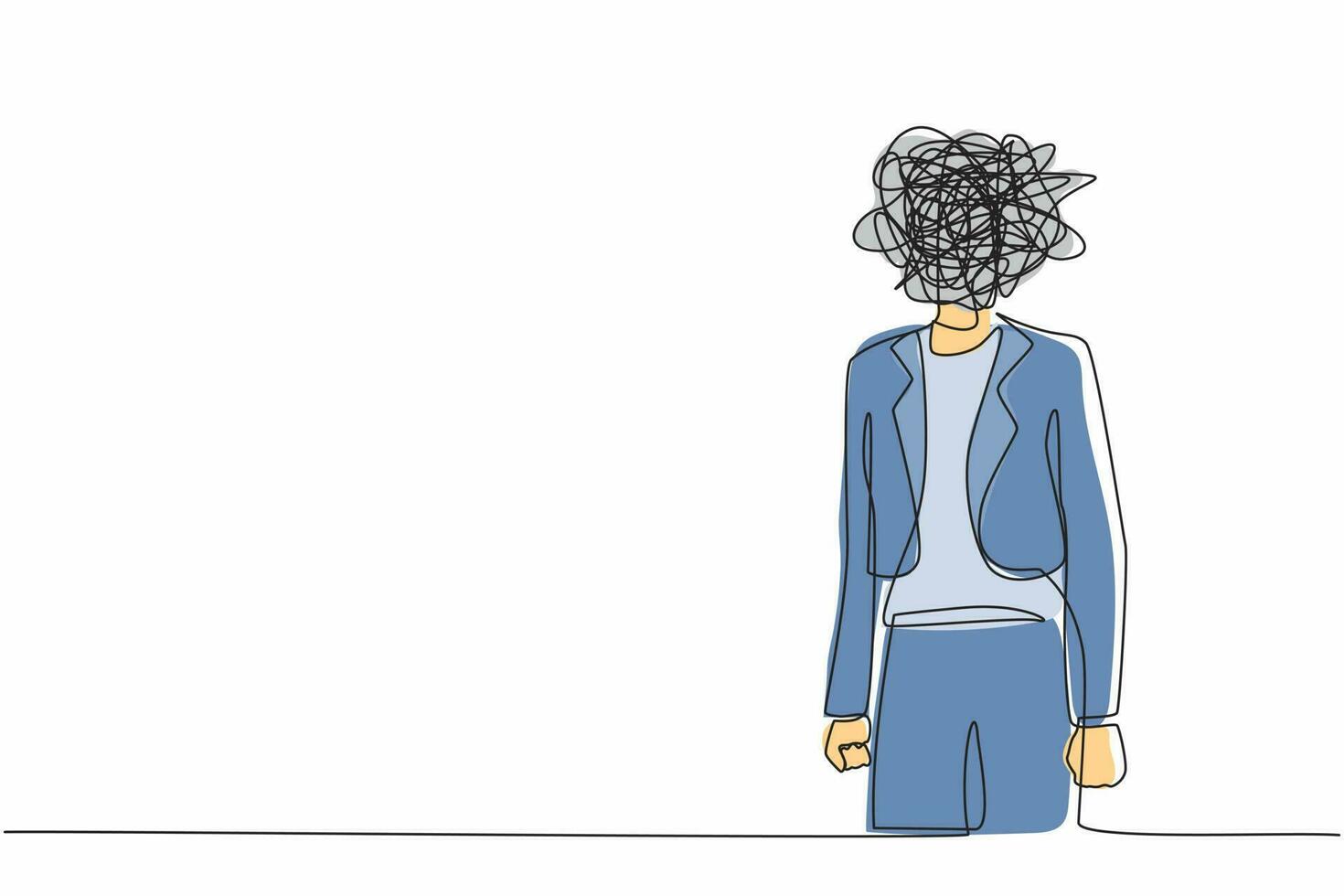 Single continuous line drawing businesswoman with round scribbles instead of head. Frustrated woman. Anxiety, confusion in thoughts. Chaos in head. Confusing process. One line graphic design vector