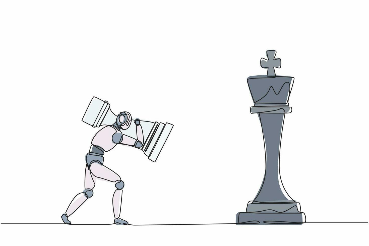 Single one line drawing robot holding rook chess piece to beat king chess. Future technology development. Artificial intelligence machine learning process. Continuous line draw design graphic vector
