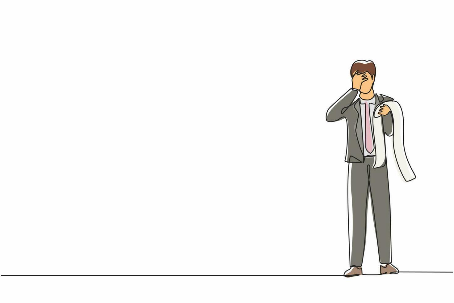 Single continuous line drawing financial problems and bankruptcy concept. Sad depressed businessman standing thinking about finding money for paying bills during crisis. One line graphic design vector