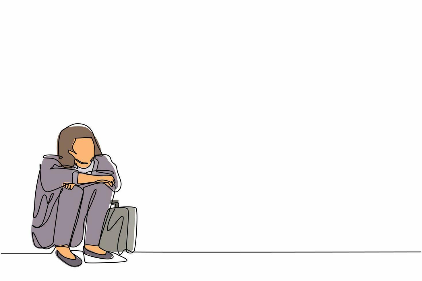 Continuous one line drawing depressed businesswoman suffer emotion sadness melancholy stress with briefcase sitting in despair on the floor. Worker feeling blue, stress. Single line draw design vector