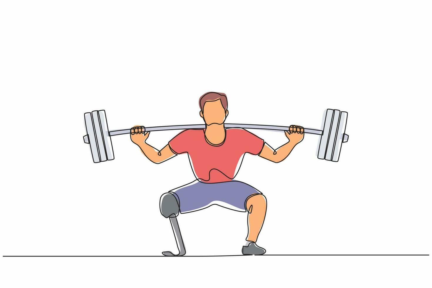Single one line drawing disabled man weightlifter with amputated legs. Athletic weightlifting workout with barbell muscles sport strongman beautiful body fitness. Continuous line design graphic vector