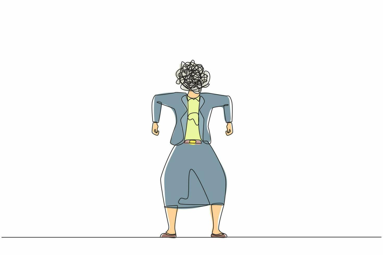 Continuous one line drawing businesswoman with round scribbles instead of head. Angry female manager standing gesture. Emotional executive in rage. Feeling anger. Single line design vector graphic