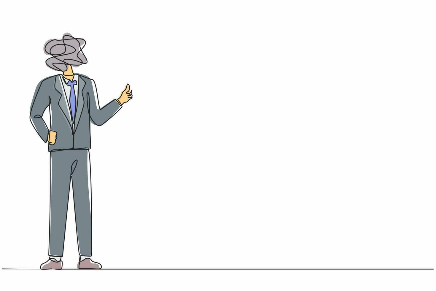Continuous one line drawing businessman with round scribbles instead of a head. Male manager dressed in formal suit showing thumbs up sign. Deal, like, agree, approve. Single line draw design vector