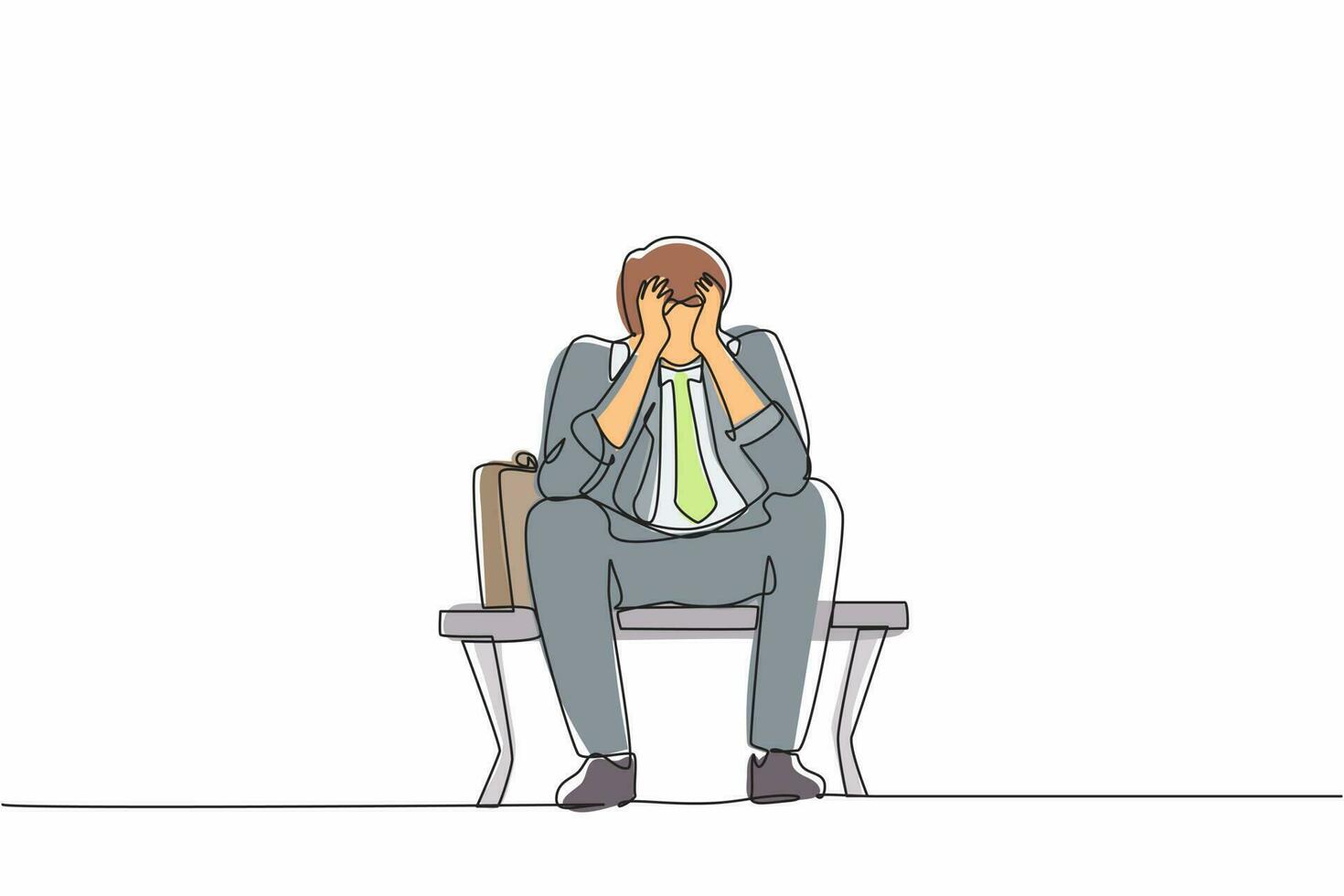 Single continuous line drawing sad businessman, depression. Lonely man sitting on park bench. Young male character holding his head. Failure concept. One line draw graphic design vector illustration