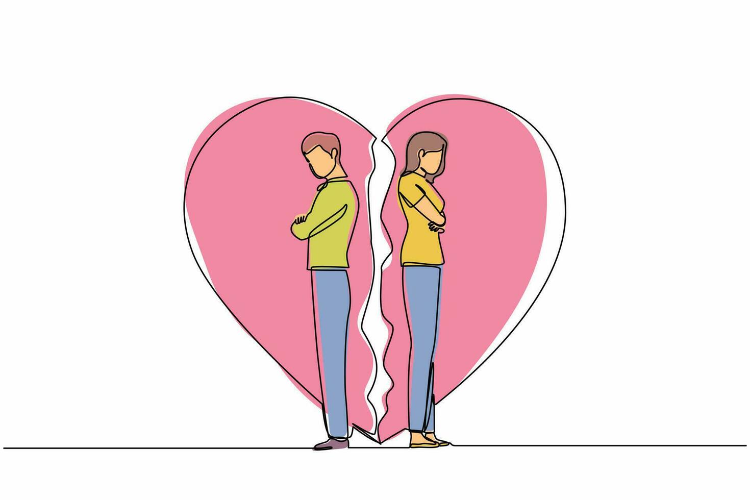 Continuous one line drawing unhappy young couple standing arms crossed. Family conflict. Break up relationship. Married couple man woman angry, sad against broken heart. Single line draw design vector