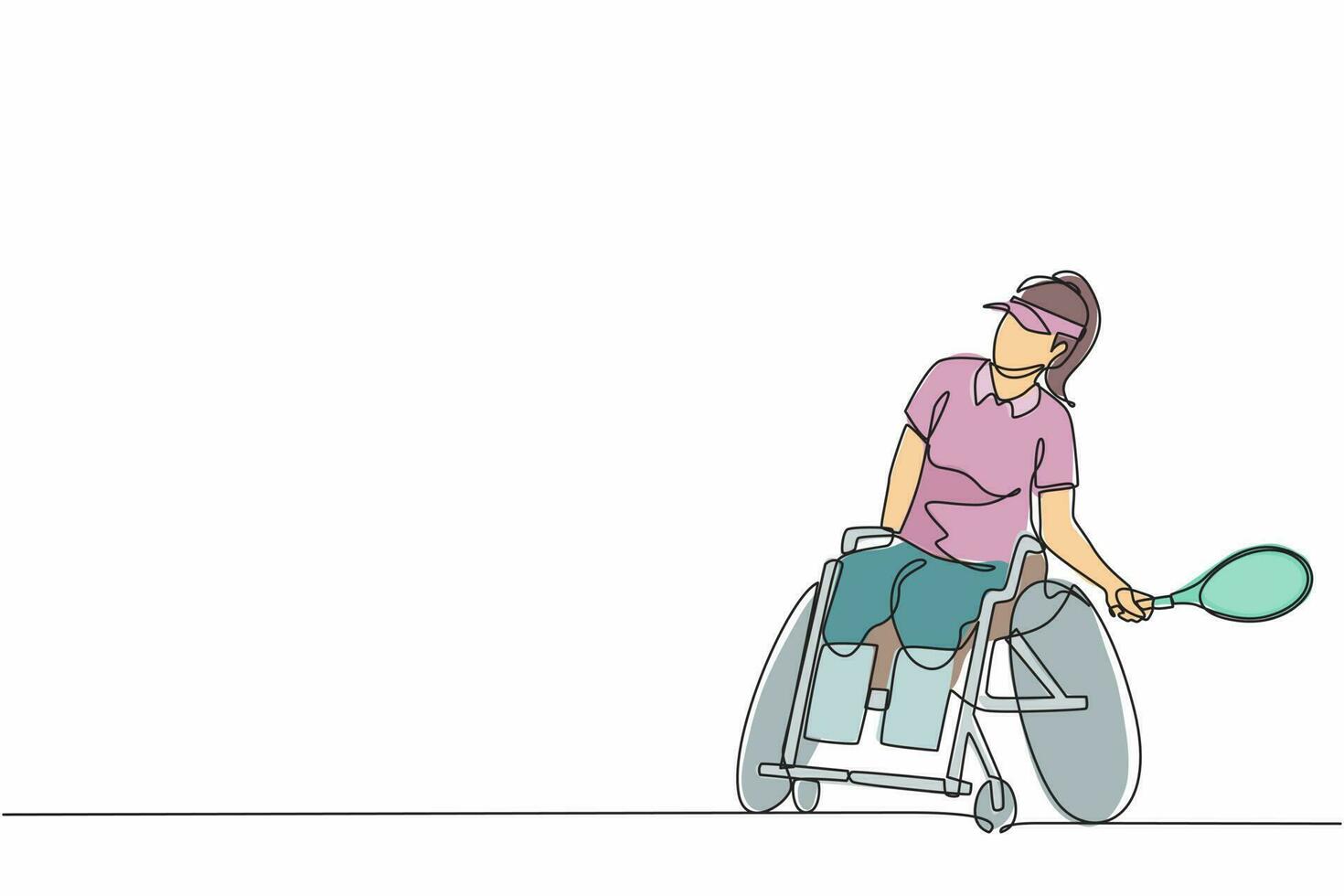 Continuous one line drawing sportswoman with wheelchair playing tennis. Concept of society, community of persons with disabilities. Hobbies, interests. Single line design vector graphic illustration