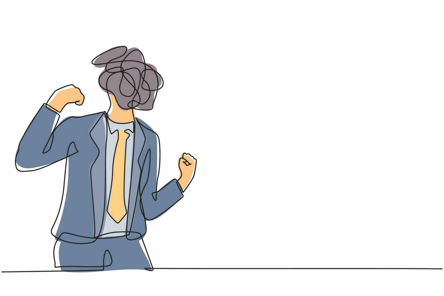 Single one line drawing businessman with round scribbles instead of head. Angry male manager in suit standing showing threatening gesture with clenched fist. Continuous line draw graphic design vector