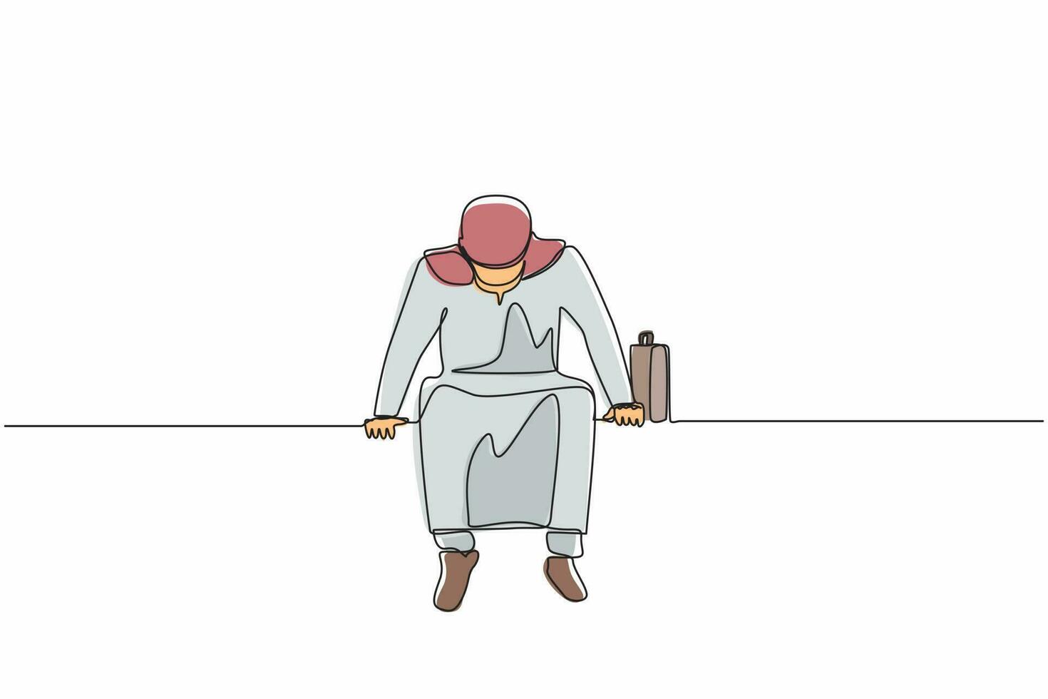 Single continuous line drawing sad Arab businessman sits at bench alone