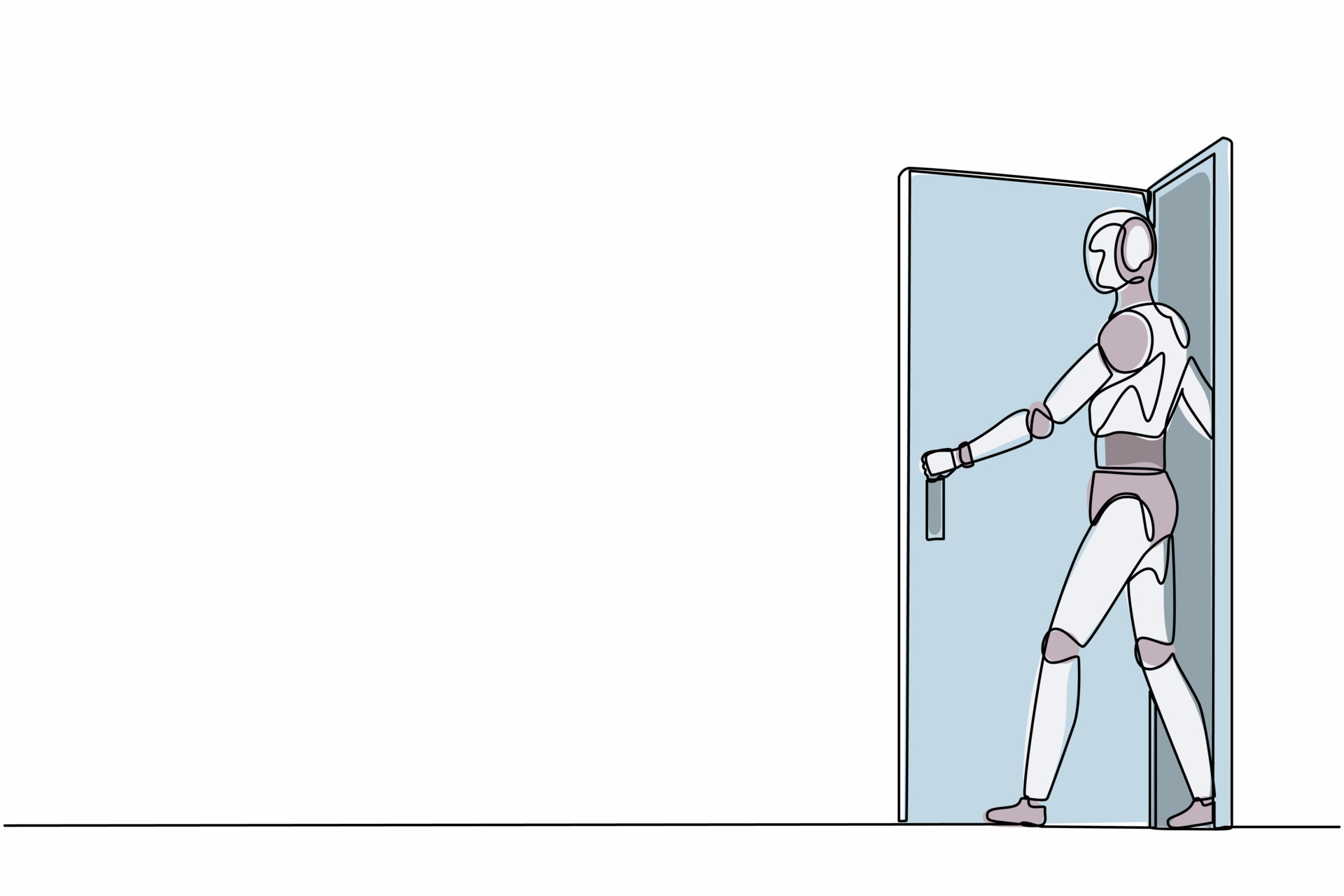 Single one line drawing robot walking out through an open door. Future
