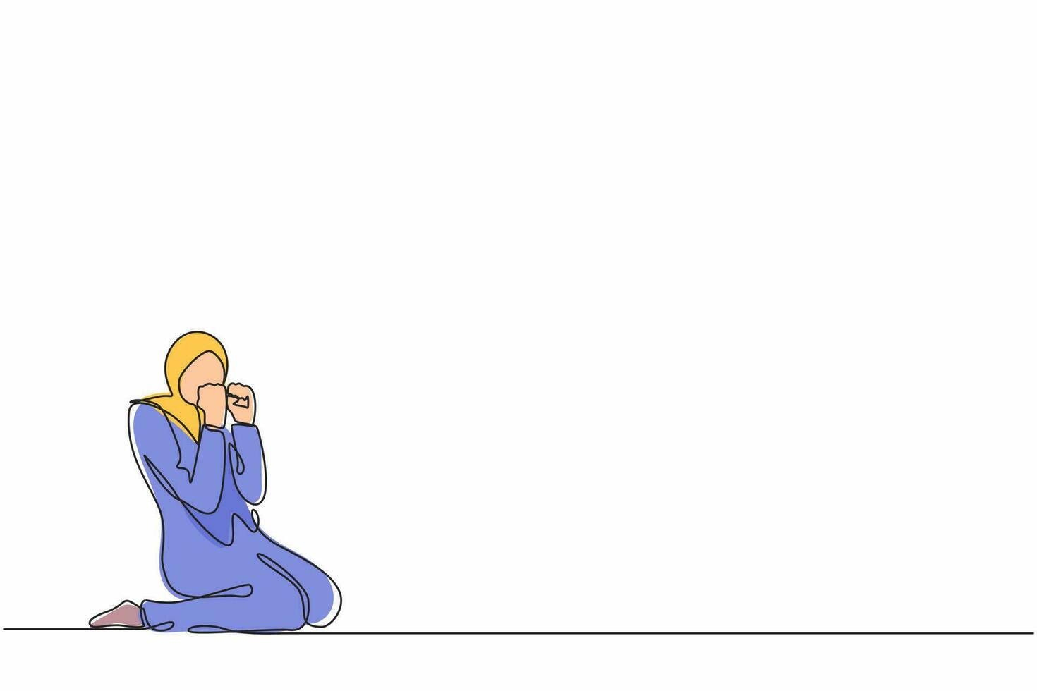 Single continuous line drawing happy Arab businesswoman kneeling with gesture of both hands yes. Saleswoman celebrates salary increase, benefits from company. One line draw design vector illustration