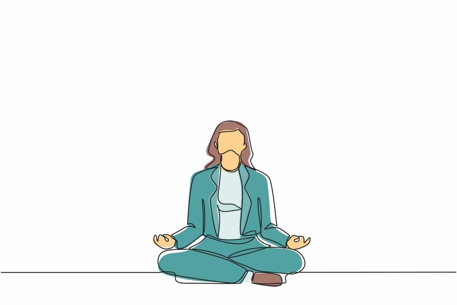 Continuous one line drawing young businesswoman doing yoga. Office worker sitting in yoga pose, meditation, relaxing, calm down and manage stress. Single line draw design vector graphic illustration