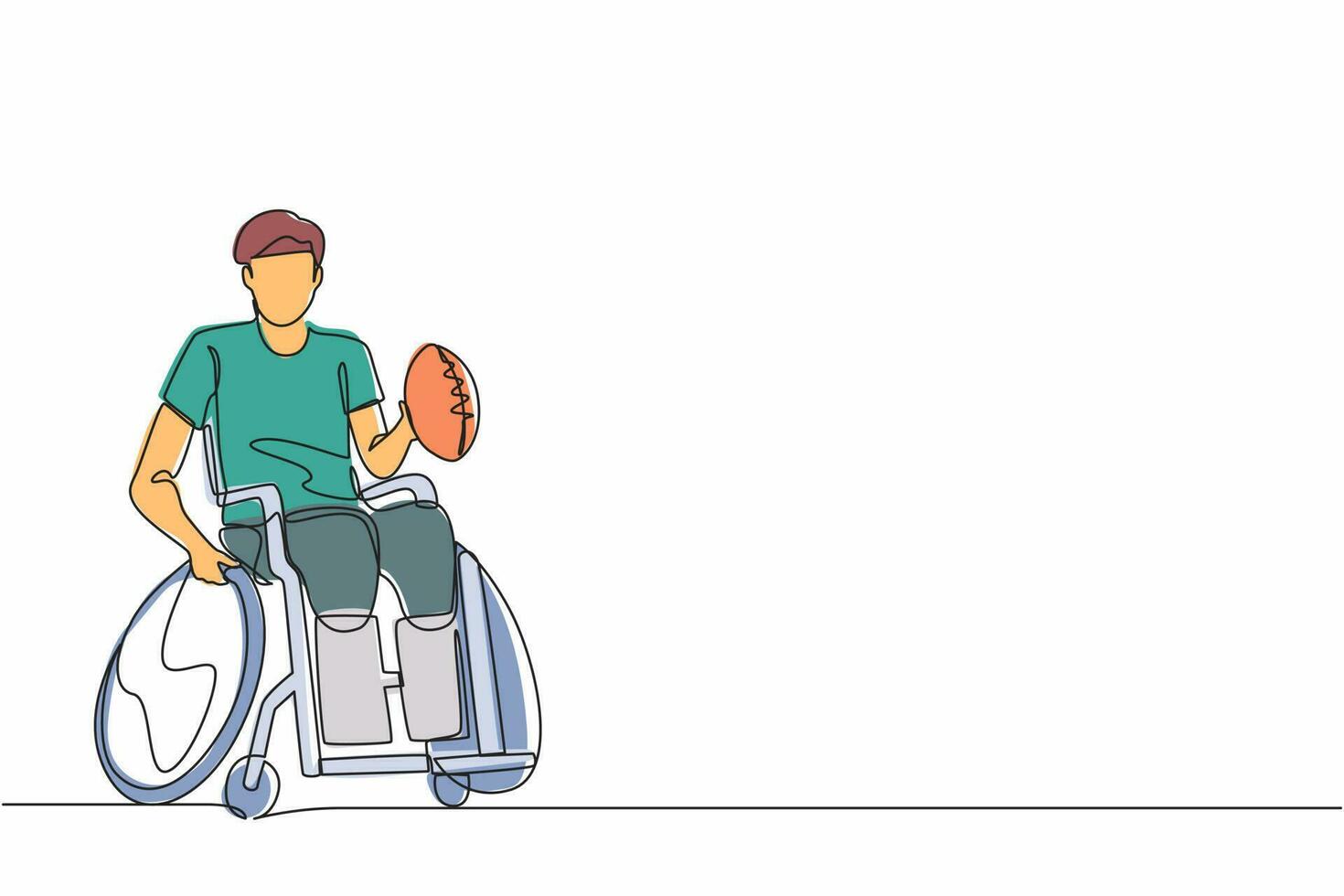Single continuous line drawing American football player recovering from injury on wheelchair.  man playing on sport competition. Athlete with physical disorder. One line graphic design vector