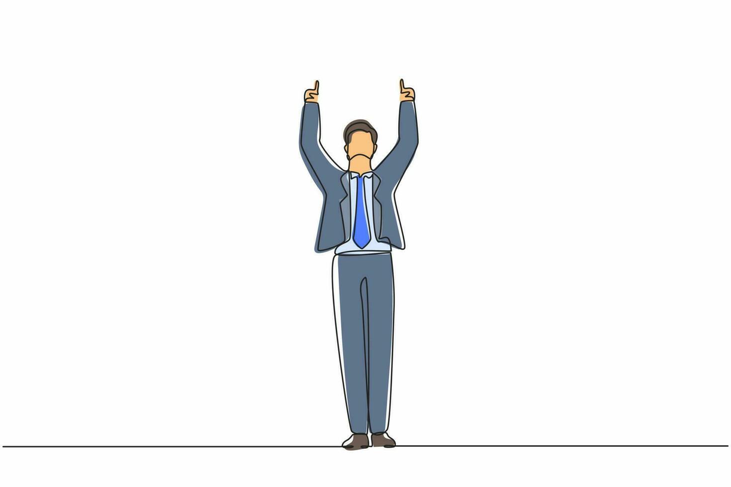 Single continuous line drawing happy businessman standing and both hands pointing with index fingers. Salesman celebrates salary increase from company. One line draw graphic design vector illustration