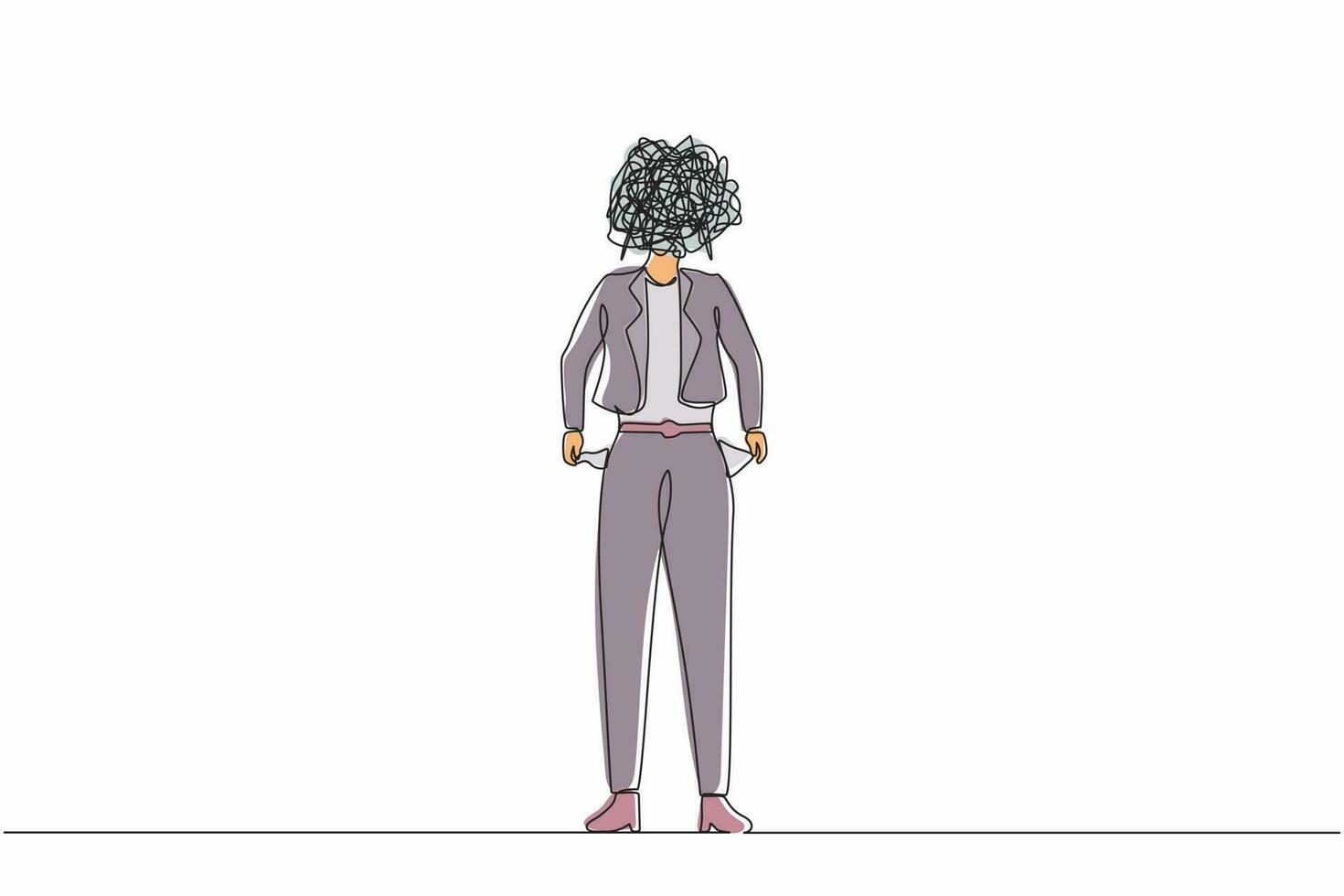 Single one line drawing businesswoman with round scribbles instead of head. Female manager with pockets turned outward, having no money. Bankrupt person. Continuous line draw design graphic vector
