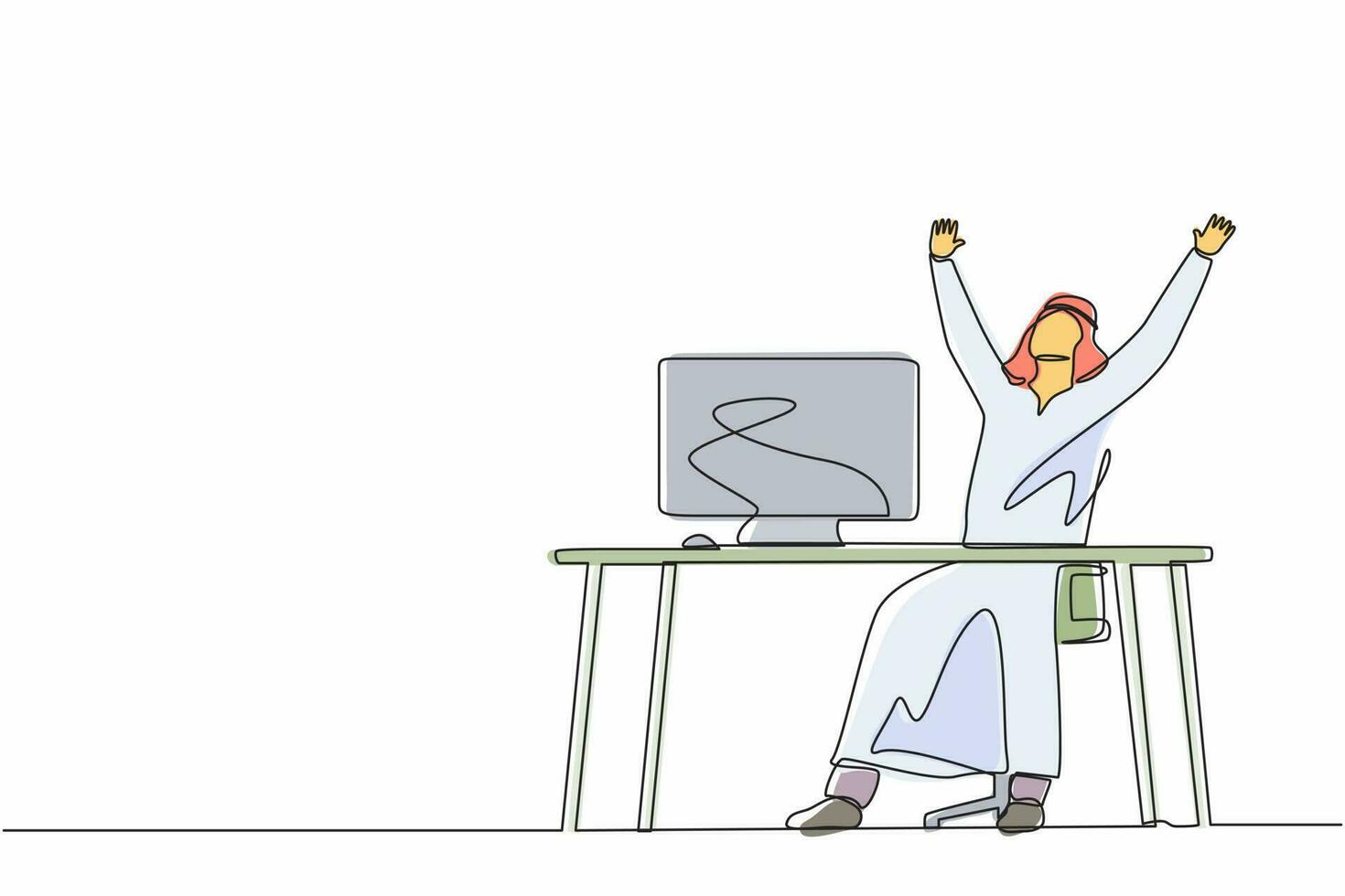Single one line drawing happy Arab businessman sitting with raised hands on his workplace. Office worker celebrate success of company project. Continuous line draw design graphic vector illustration