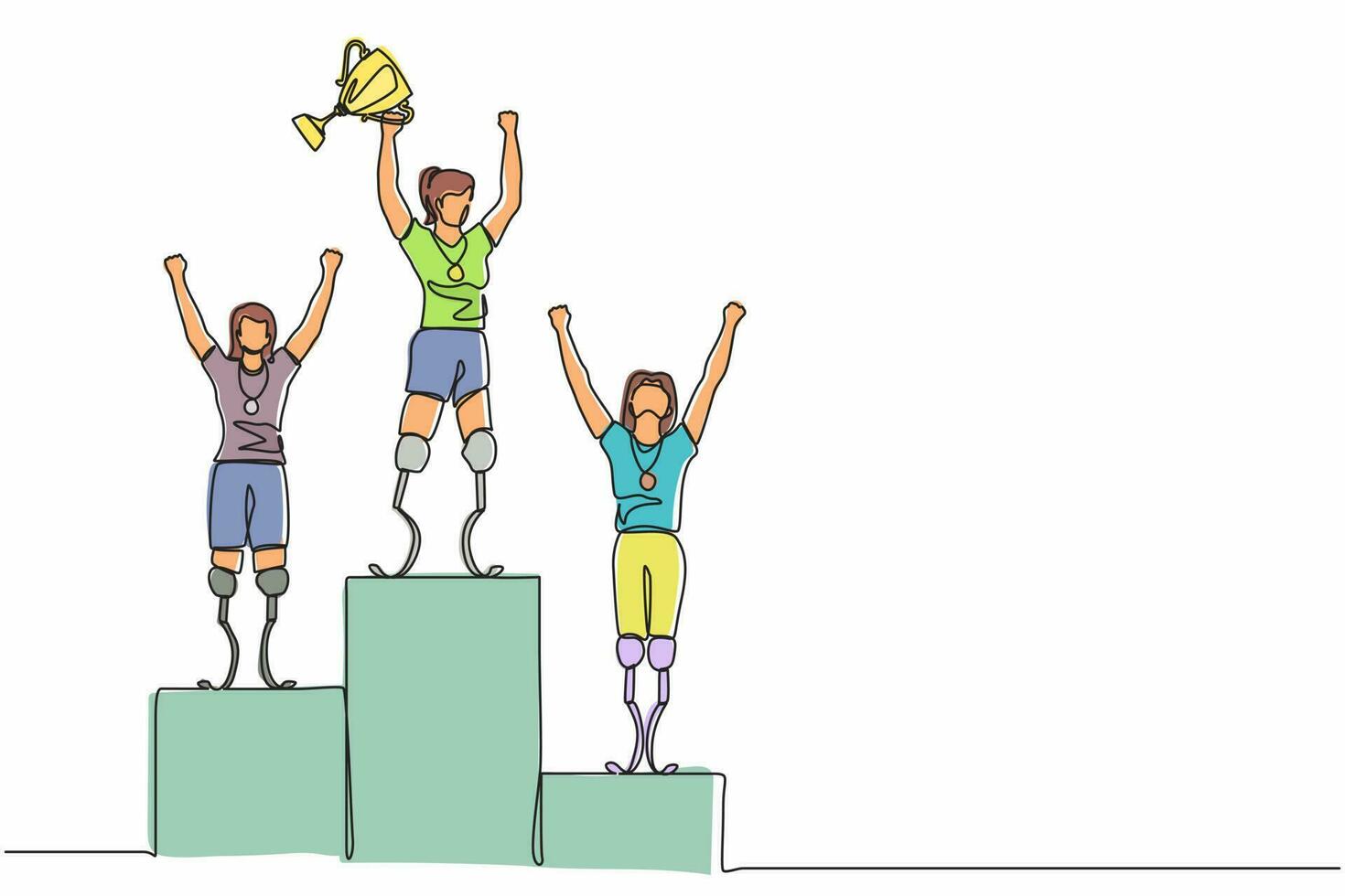 Single continuous line drawing disabled woman winning the competition while holding gold trophy at podium. Disabled people competition, championship. One line draw graphic design vector illustration