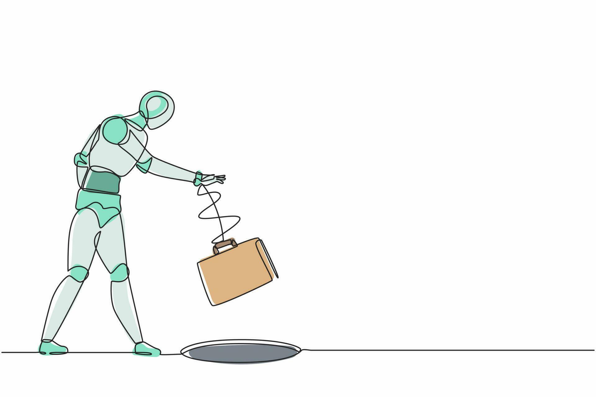 Single one line drawing robot throws briefcase into hole. Future