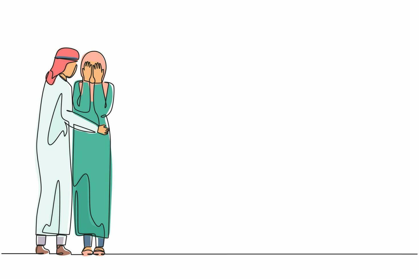 Single continuous line drawing Arabian man comforting her crying best