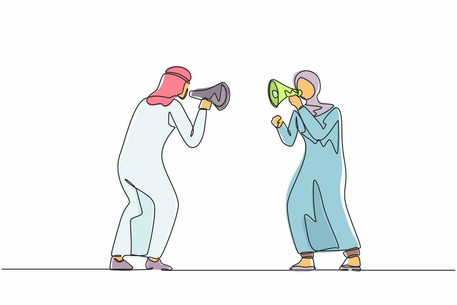 Continuous one line drawing Arab man and woman hold loudspeakers scream at each other engaged in family fight. Stubborn angry husband and wife yell shout in megaphones. Single line draw design vector
