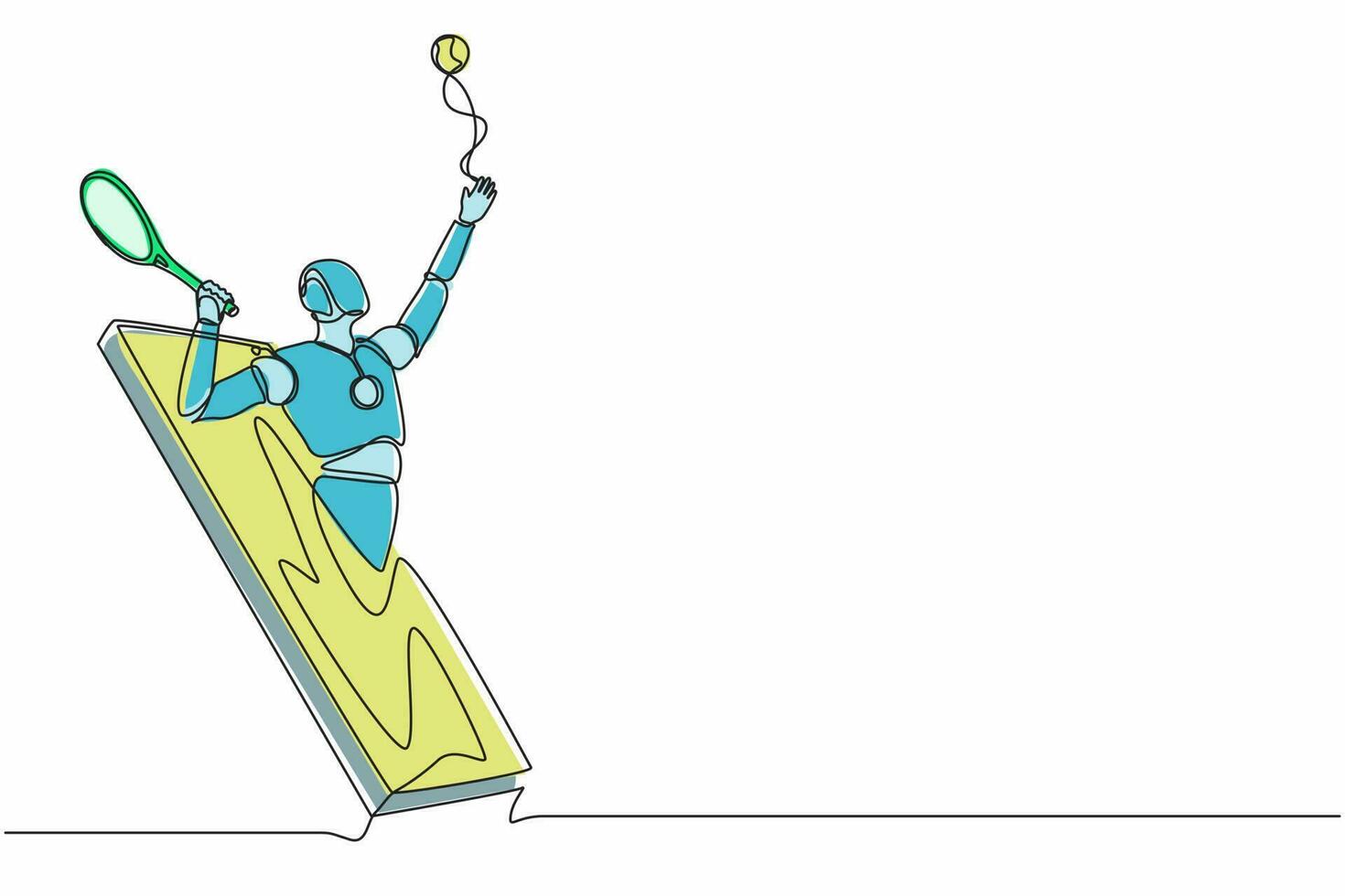 Single one line drawing robot come out from cellular phone and serve tennis ball with racket. Future technology. Artificial intelligence machine learning process. Continuous line graphic design vector