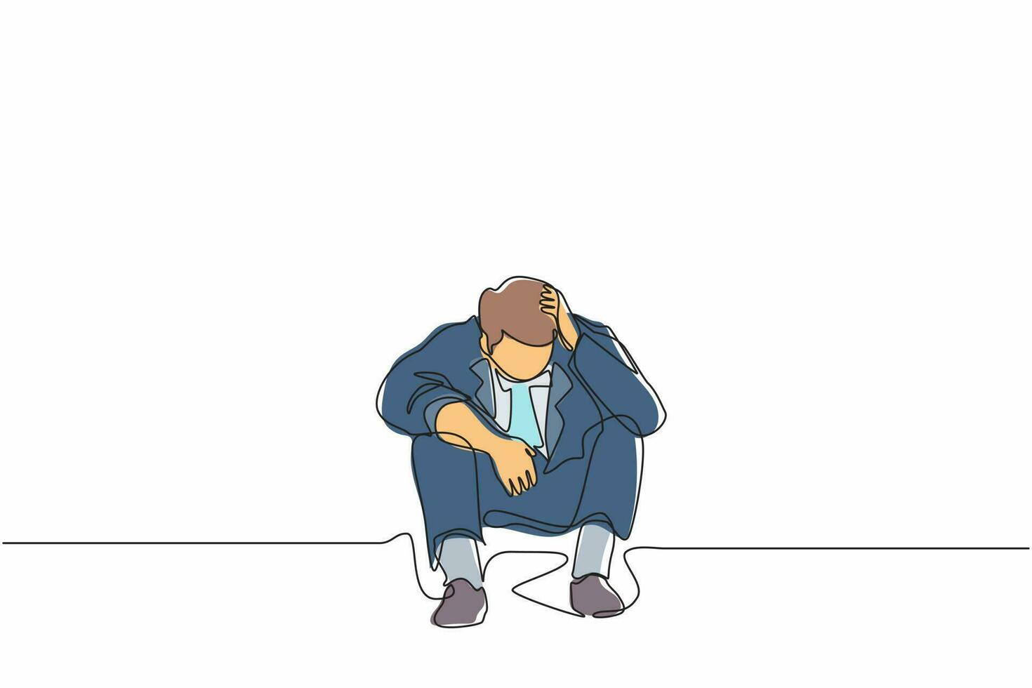 Single one line drawing businessman feeling sad, depression, holding head, and sitting on the floor. Frustrated worker mental health problems. Continuous line draw design graphic vector illustration