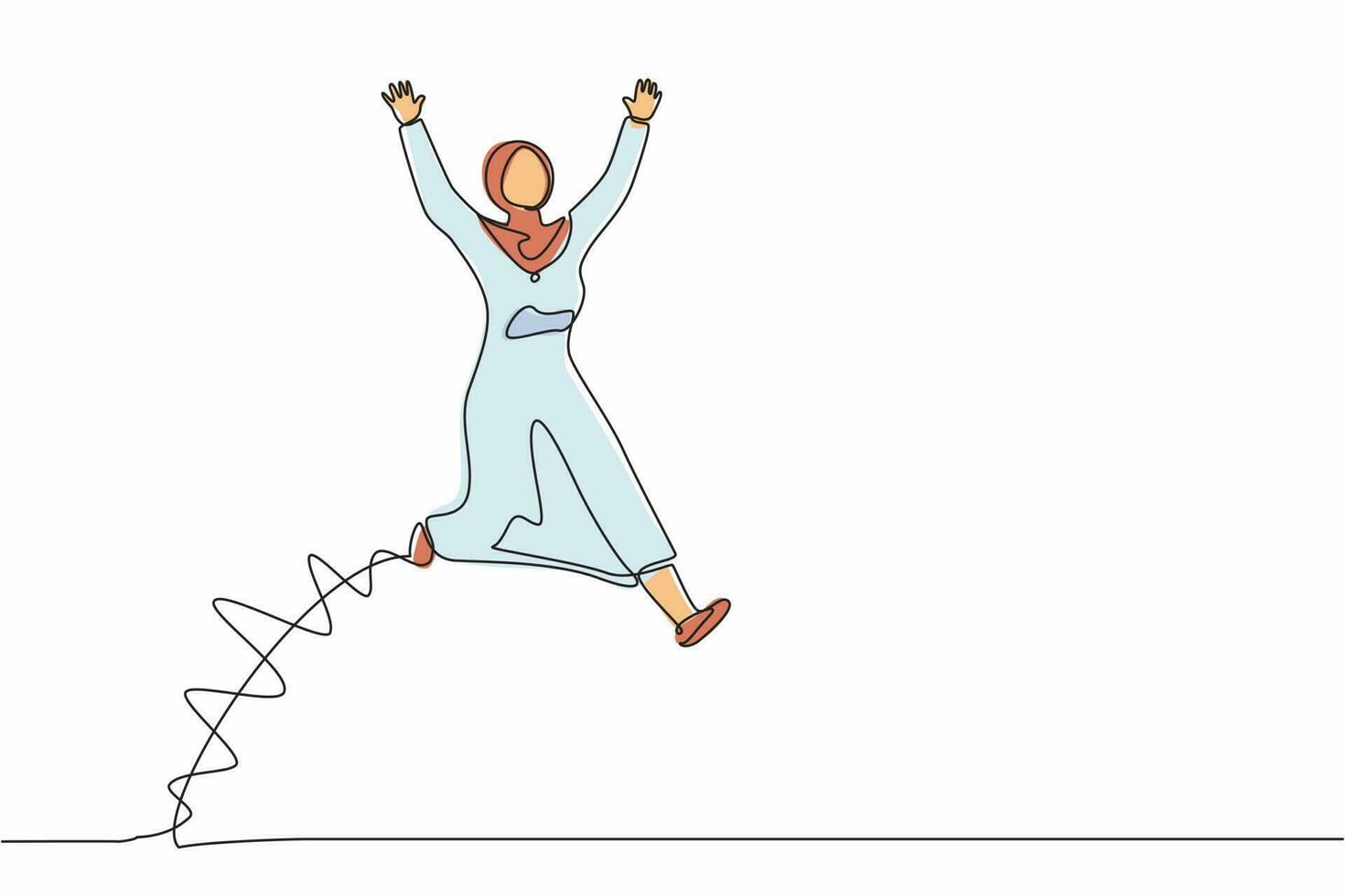 Single continuous line drawing happy Arab businesswoman jump with both hands raised. Saleswoman celebrates salary increase and benefits from company. One line draw graphic design vector illustration