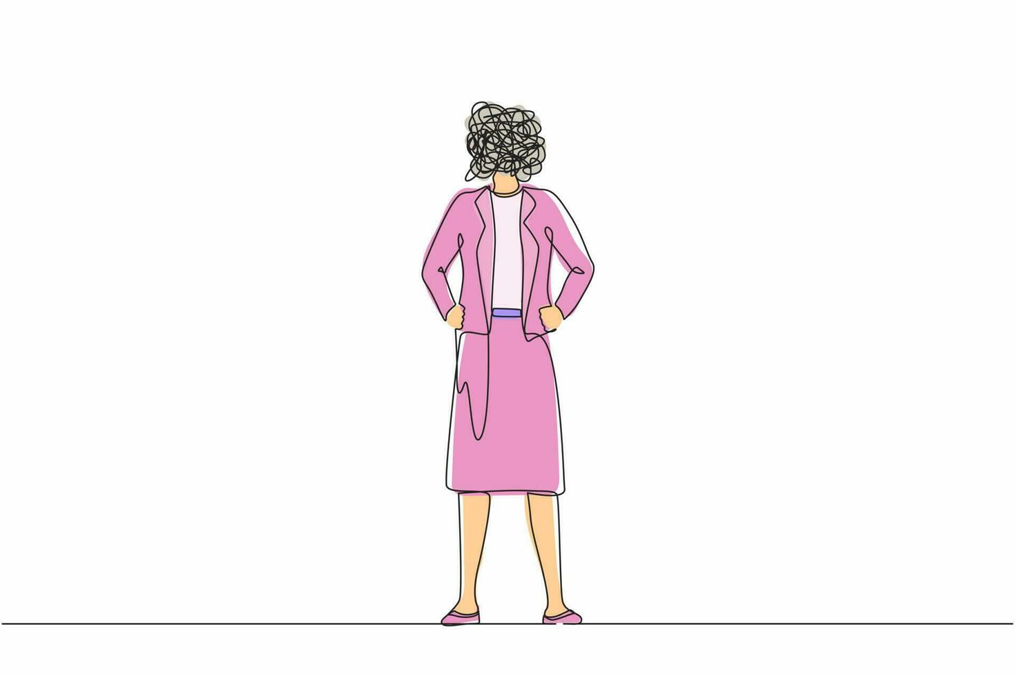 Single continuous line drawing businesswoman with round scribbles instead of head. Female manager standing and holding hand on hip. Office worker pose. One line draw graphic design vector illustration