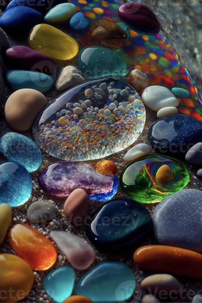 table topped with lots of different colored rocks. . photo