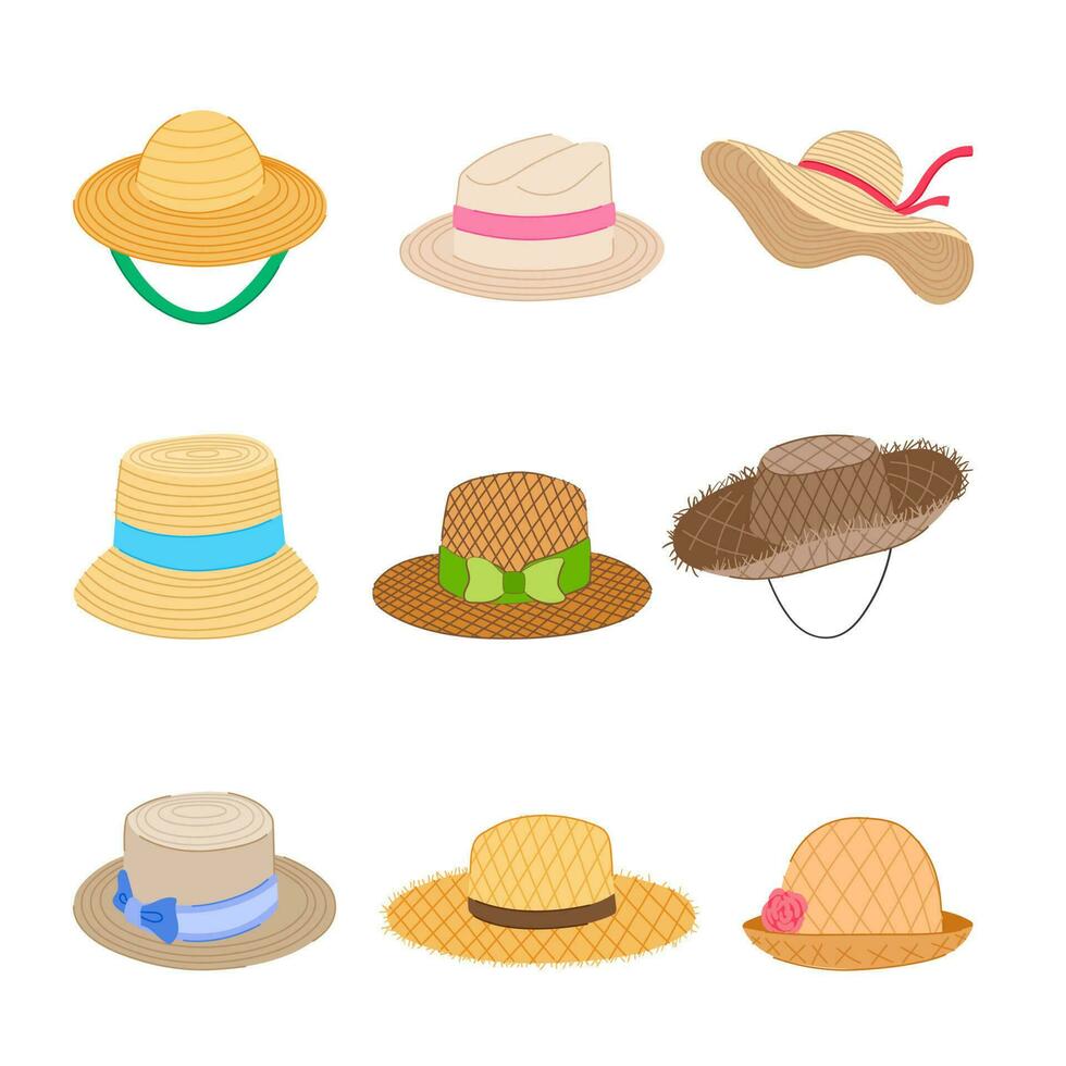 straw hat set cartoon vector illustration
