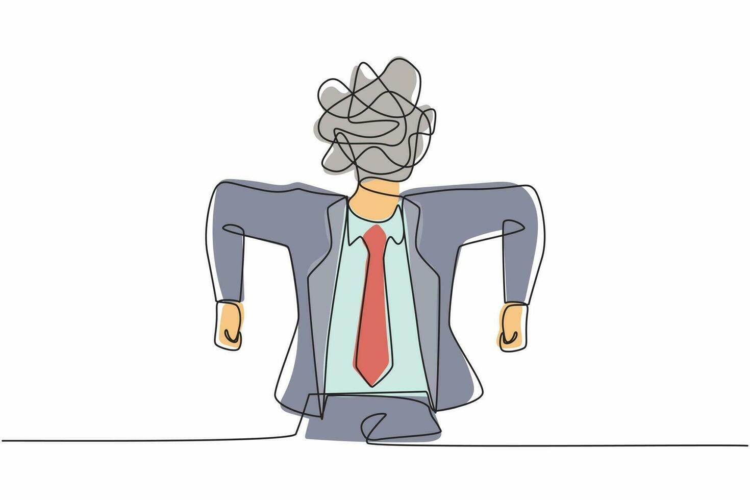 Single continuous line drawing businessman with round scribbles instead of a head. Angry male manager. Emotional executive in rage. Feeling anger. One line draw graphic design vector illustration