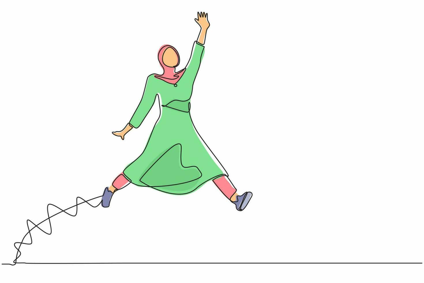 Single continuous line drawing happy Arab businesswoman jumping with spreads both legs and raises one hand. Saleswoman celebrates salary increase from company. One line draw design vector illustration