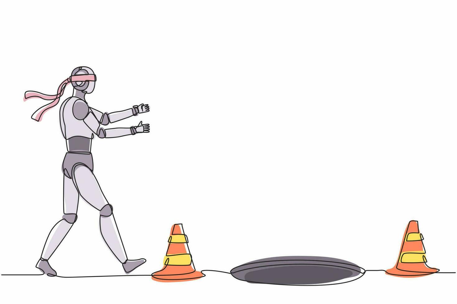 el robot de dibujo continuo de una línea corre hacia la trampa comercial. inversión ciega. organismo cibernético robot humanoide. futuro concepto de desarrollo de robótica. ilustración gráfica de vector de diseño de dibujo de una sola línea