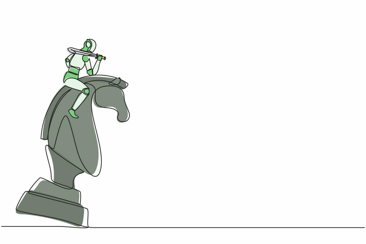 robots de dibujo de una sola línea continua montando un gran caballo de ajedrez con espada. robótica moderna tecnología de inteligencia artificial. industria de la tecnología electrónica. vector de diseño gráfico de dibujo de una línea