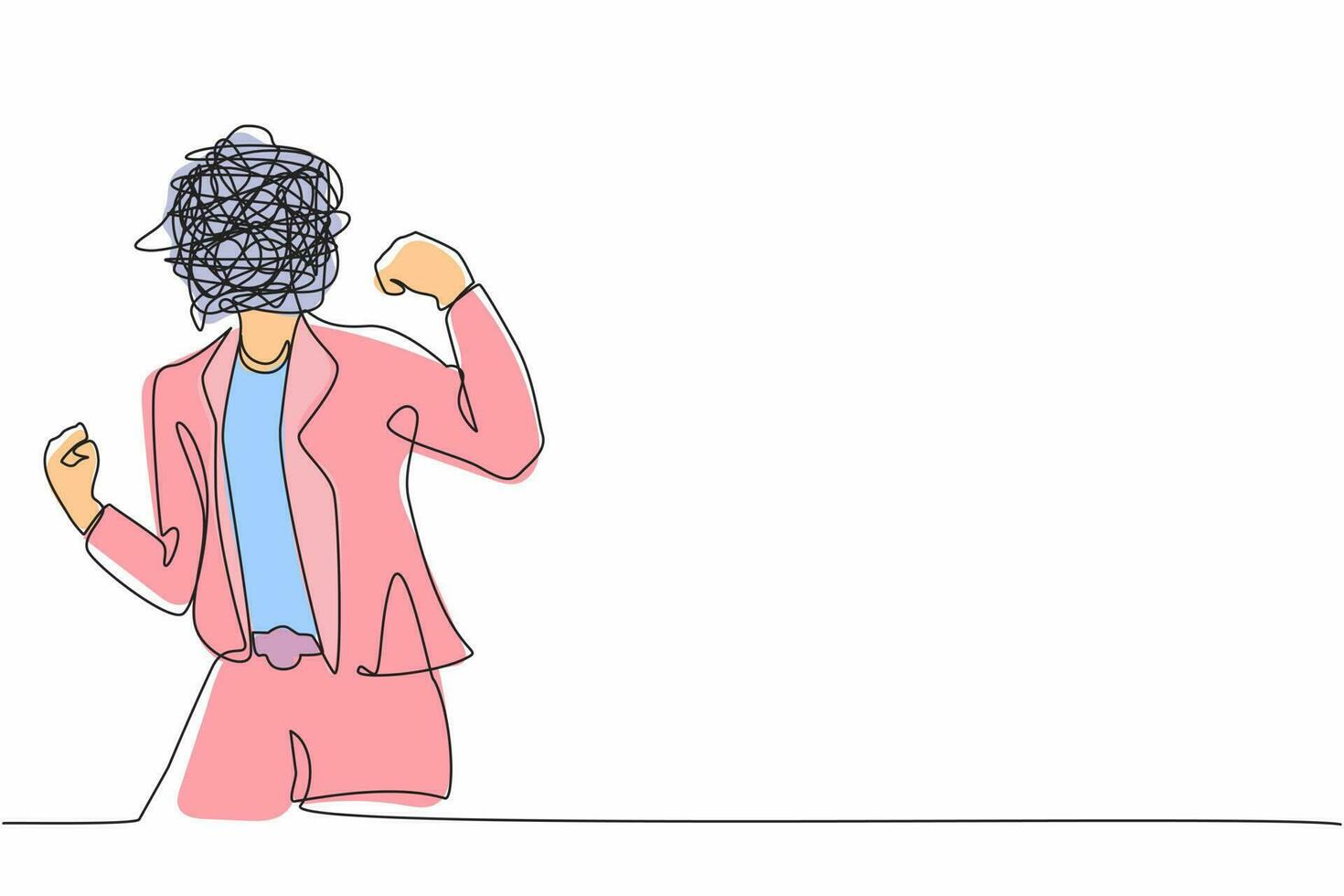 Continuous one line drawing businesswoman with round scribbles instead of head. Angry female in blazer standing showing threatening gesture with clenched fist. Single line draw design vector graphic