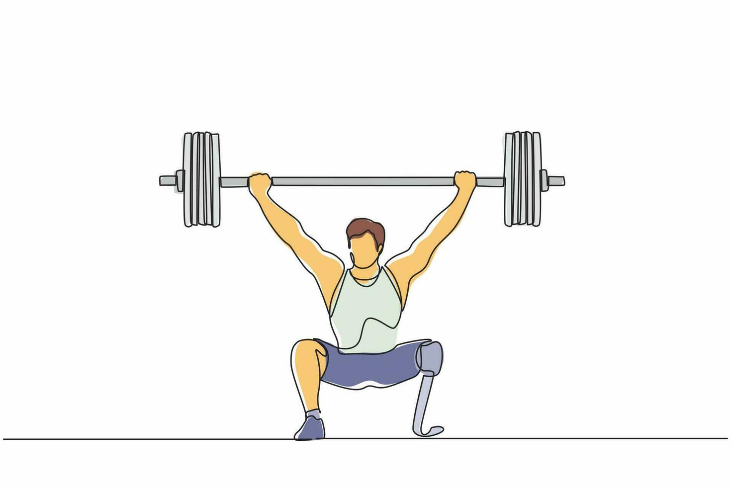 Single one line drawing disabled man weightlifter with amputated legs. Male amputee, heavyweight sportsman. Bionic prosthetic improving life quality. Continuous line design graphic vector illustration